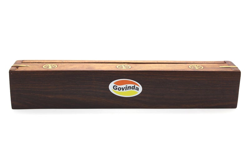 GovindaÂ® Wooden Coffin Incense Burner - 12" Tree of Life - Brass Inlays - Storage Compartment - Image 2